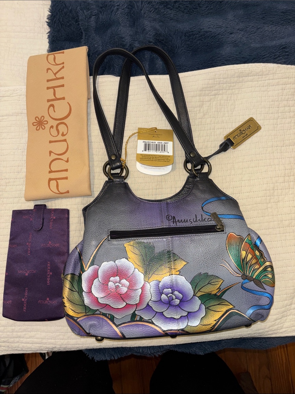 Anuschka Hand-Painted Floral & Butterfly Shoulder Bag in Purple, Blue, Green
